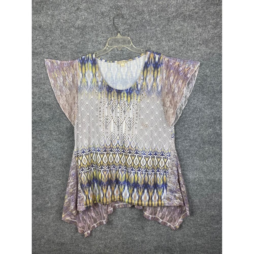 Energe World‎ Wear Top Women's ns XL Purple Mixed Print Great Lace Sharkbite Hem